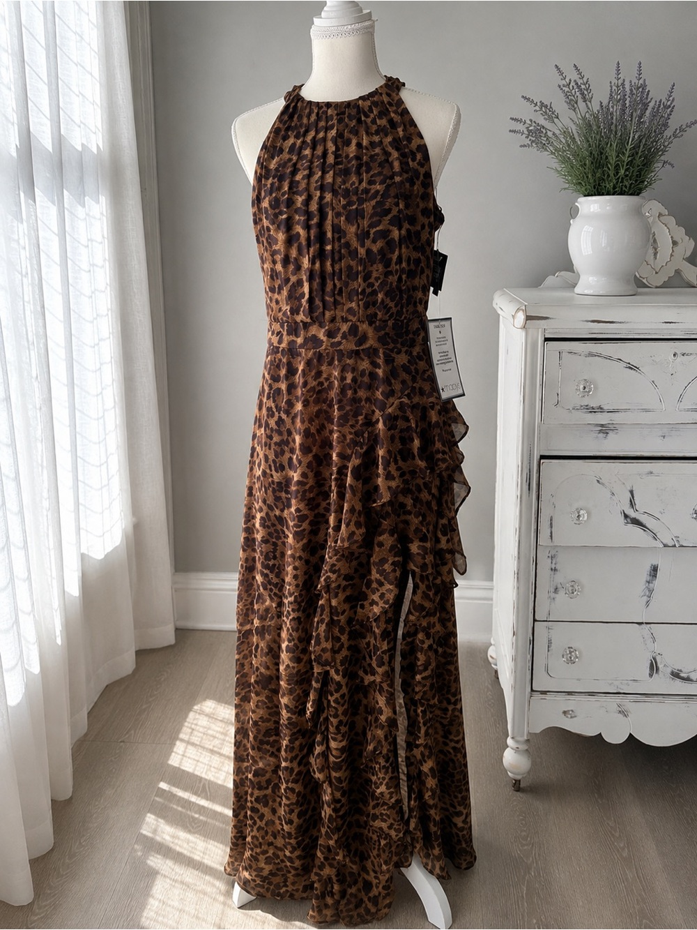 Betsy And Adam LONG CHIFFON HALTER NECK DRESS Size 6 Formal Wedding leopard NWT